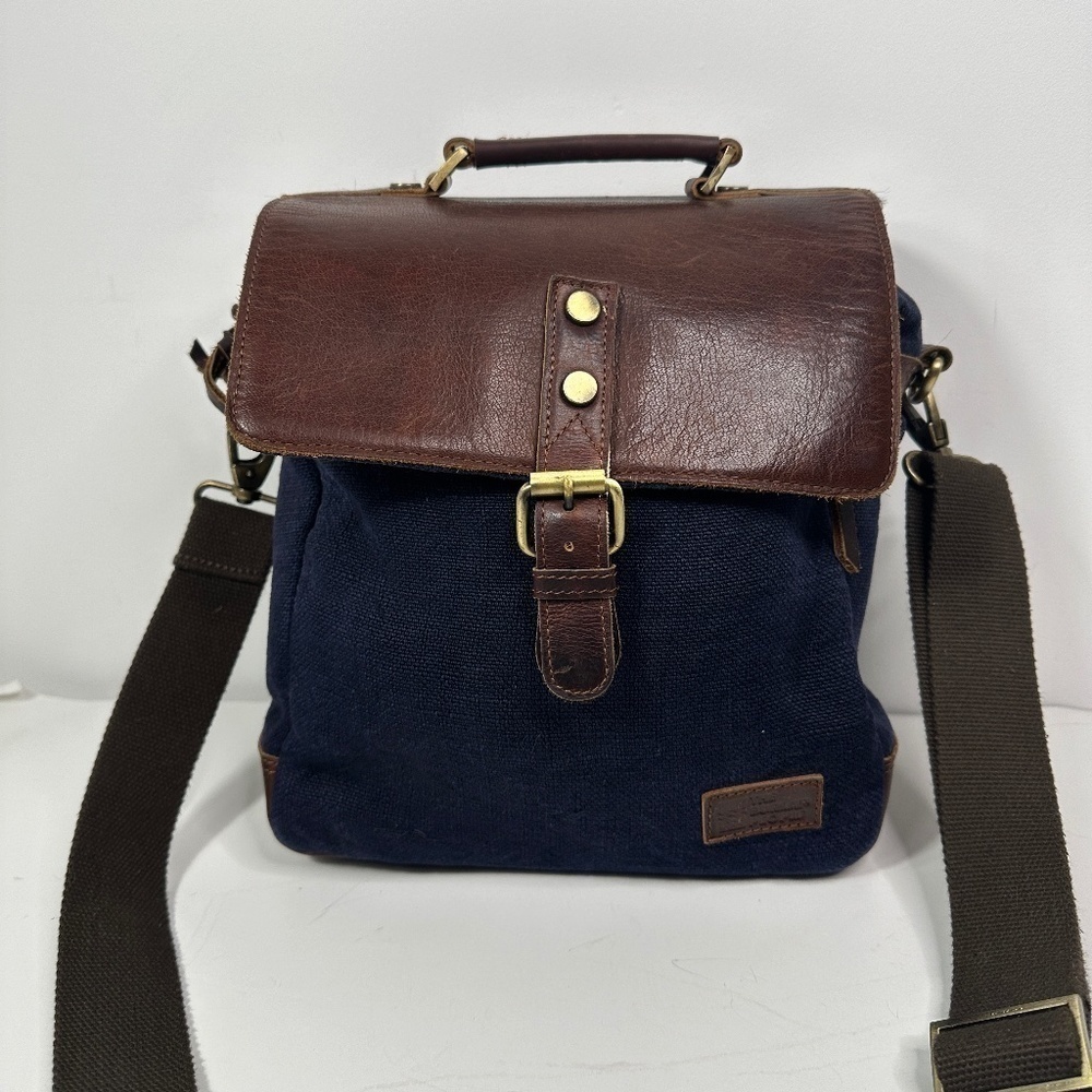 The Burlap People Shoulder Bag Navy Blue Burlap, Brown Leather